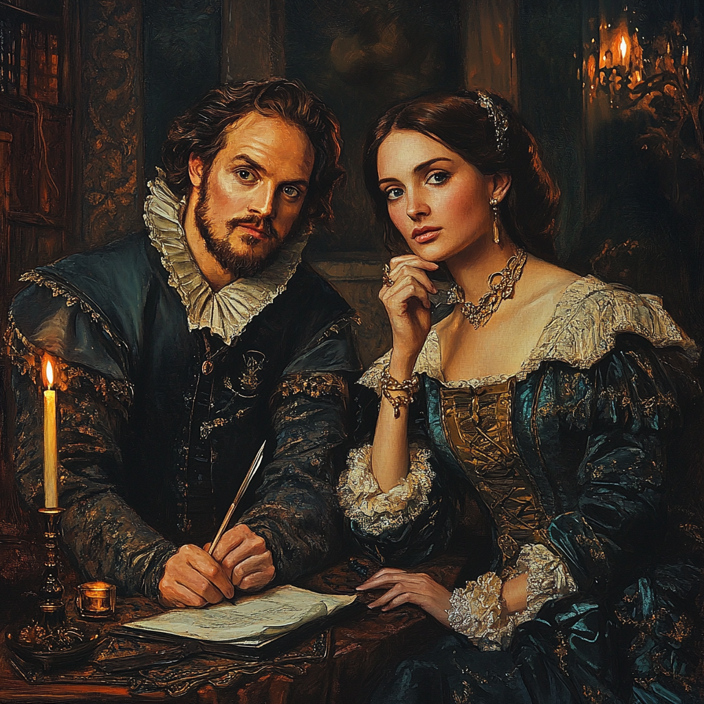 "Elegant Renaissance couple writing."