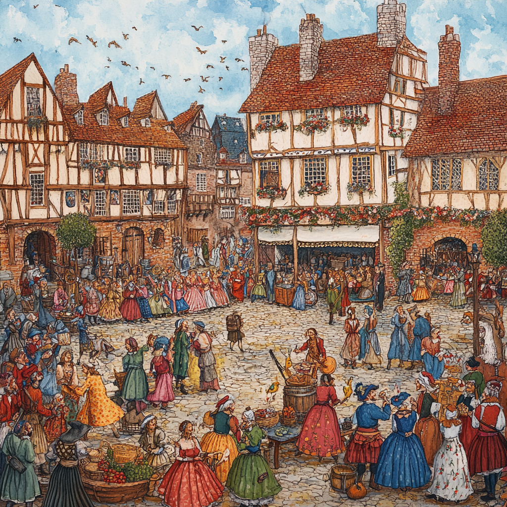 "Medieval town market scene"