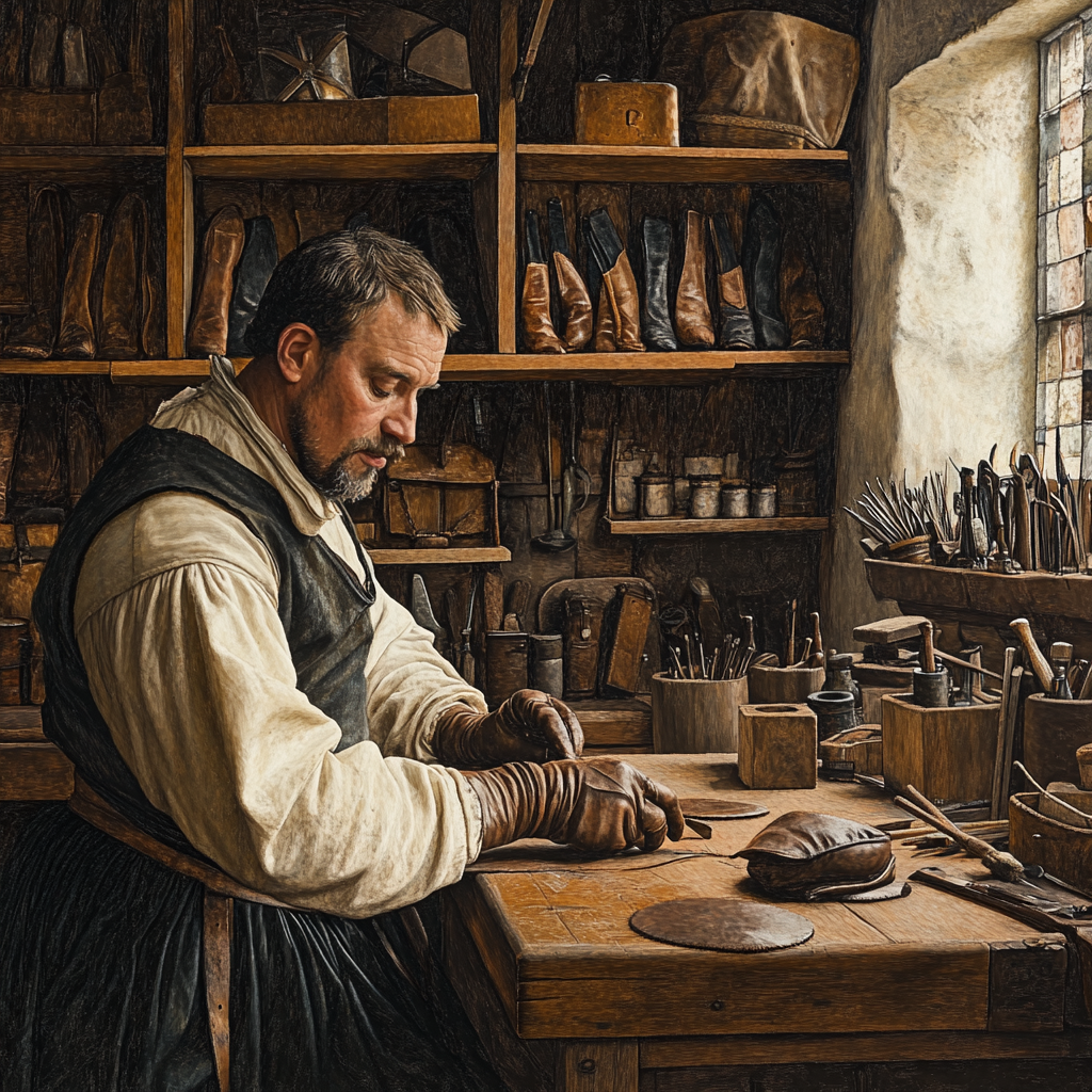 "Medieval shoemaker crafting leather."