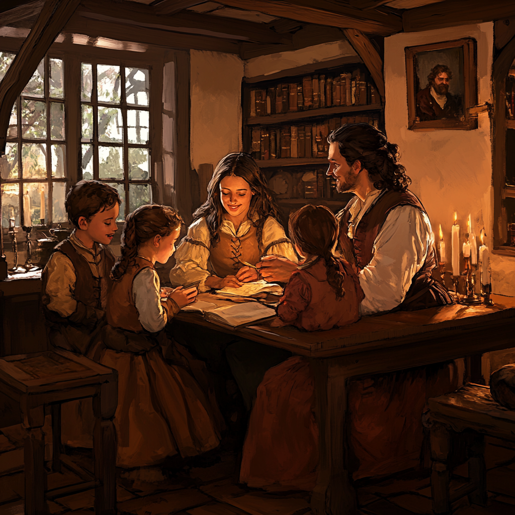 "Historical family reading together."