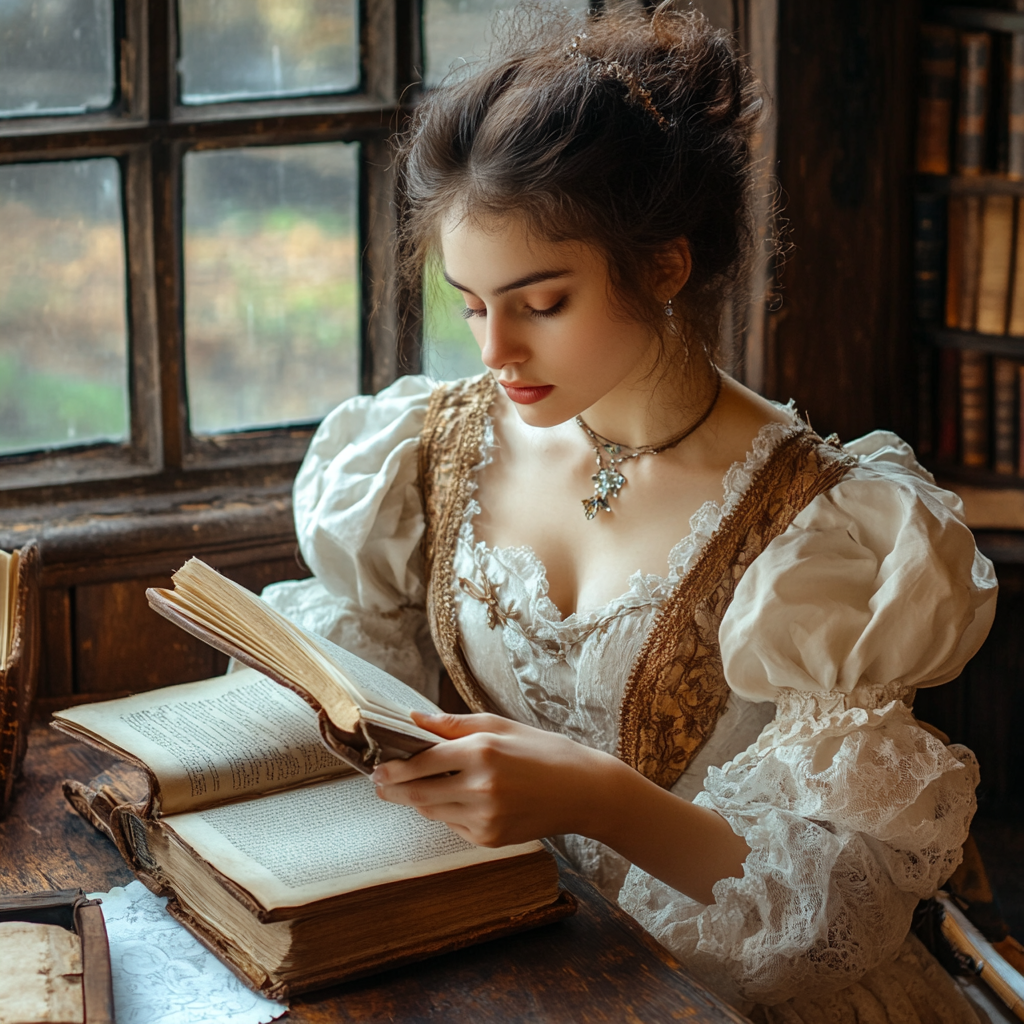 "Elegant woman reading book."