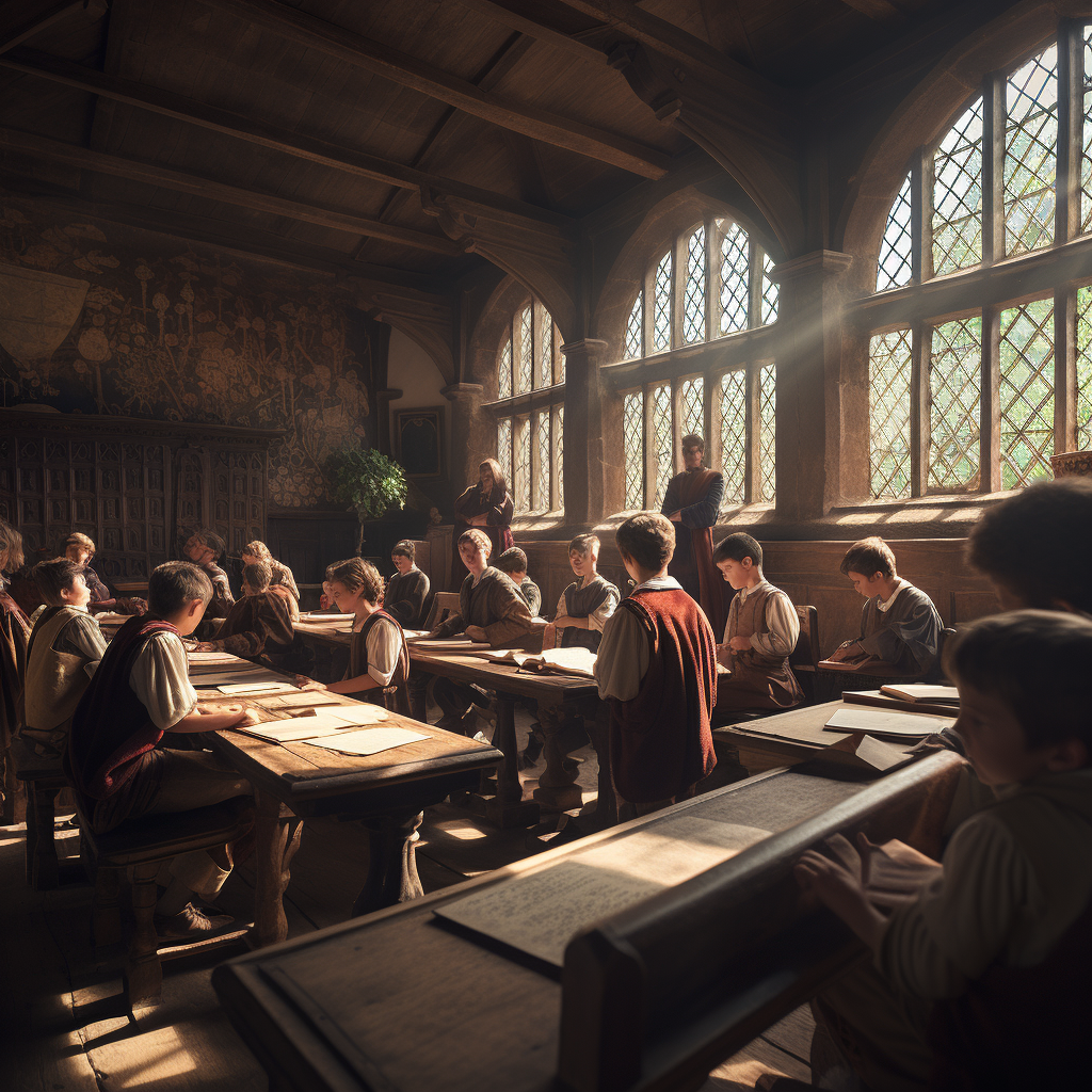 "Medieval classroom with students"