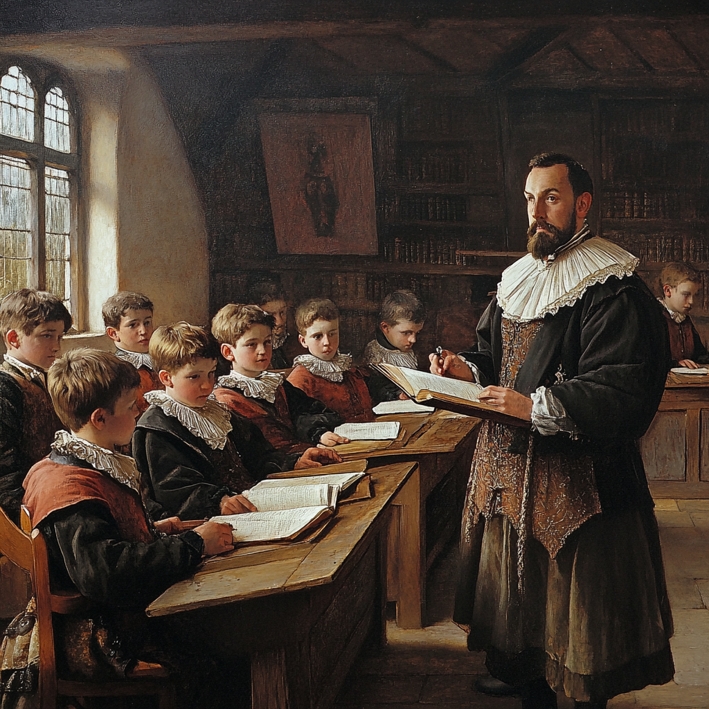 "Historical classroom scene painting"