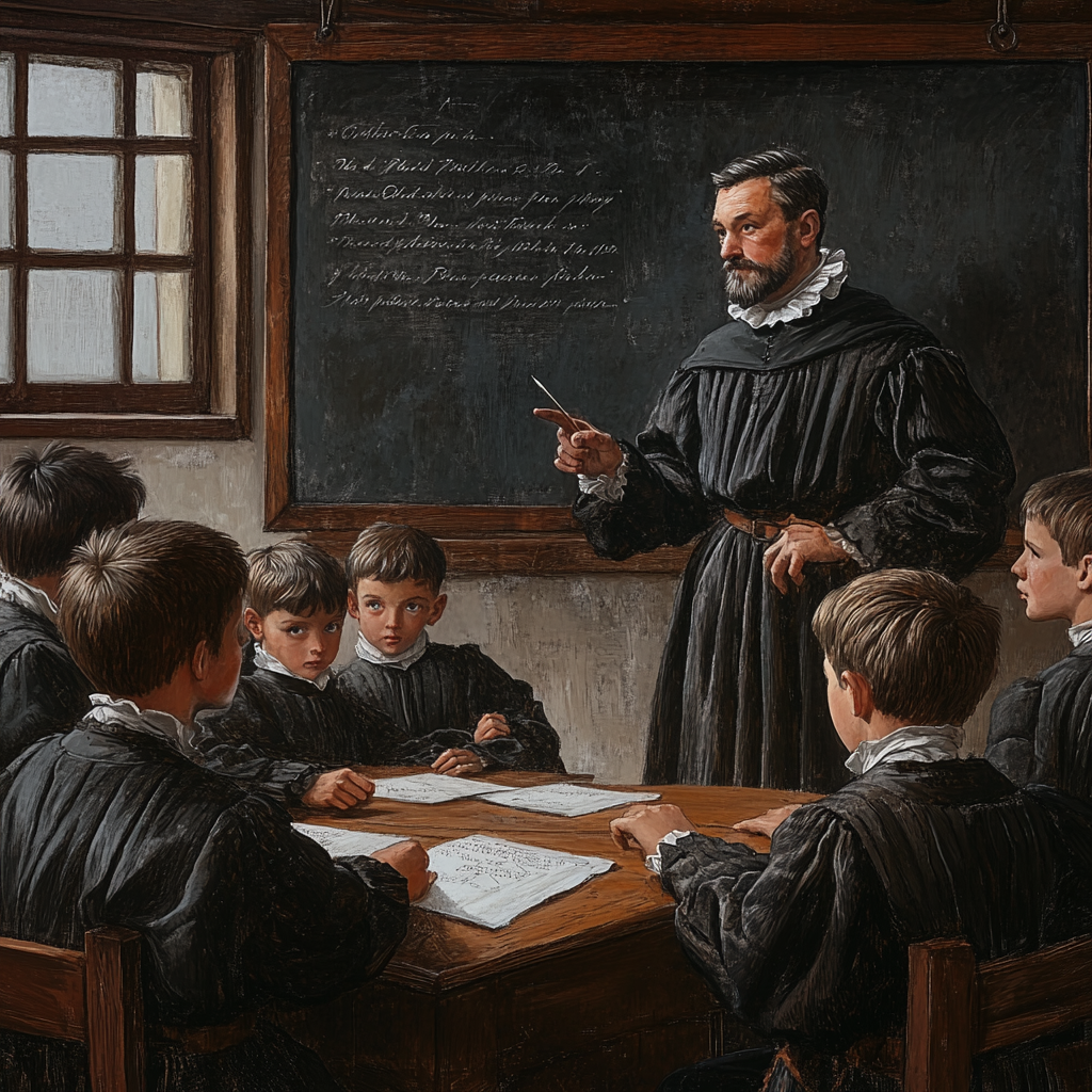 "Historical classroom teaching scene."