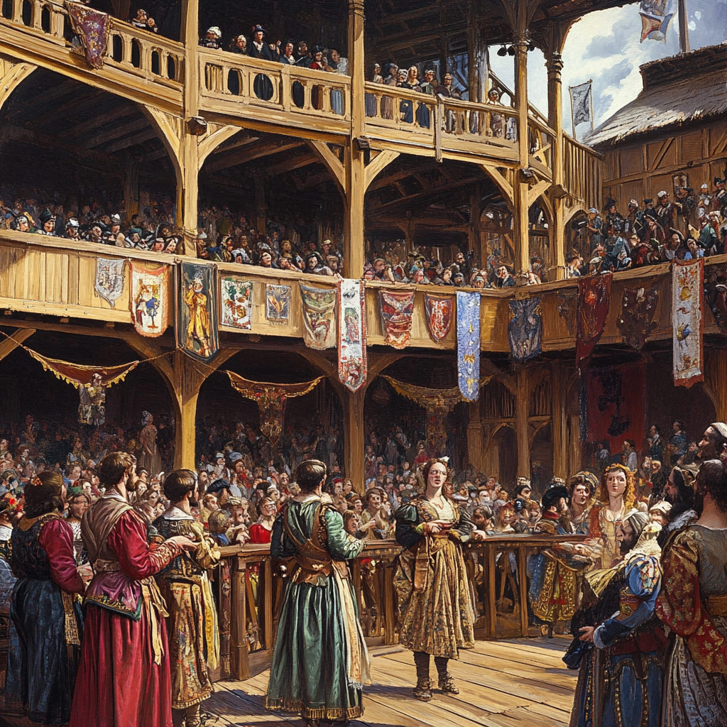 "Elizabethan theater performance crowd"