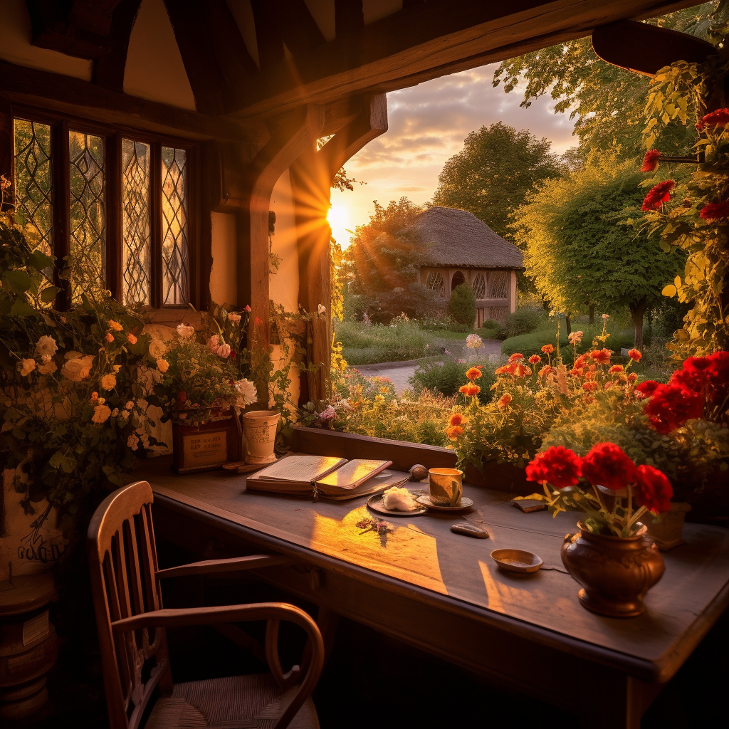 "Cozy cottage writing nook"