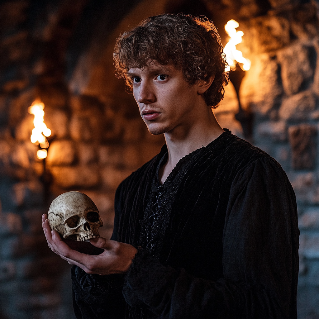 "Young man holding skull."