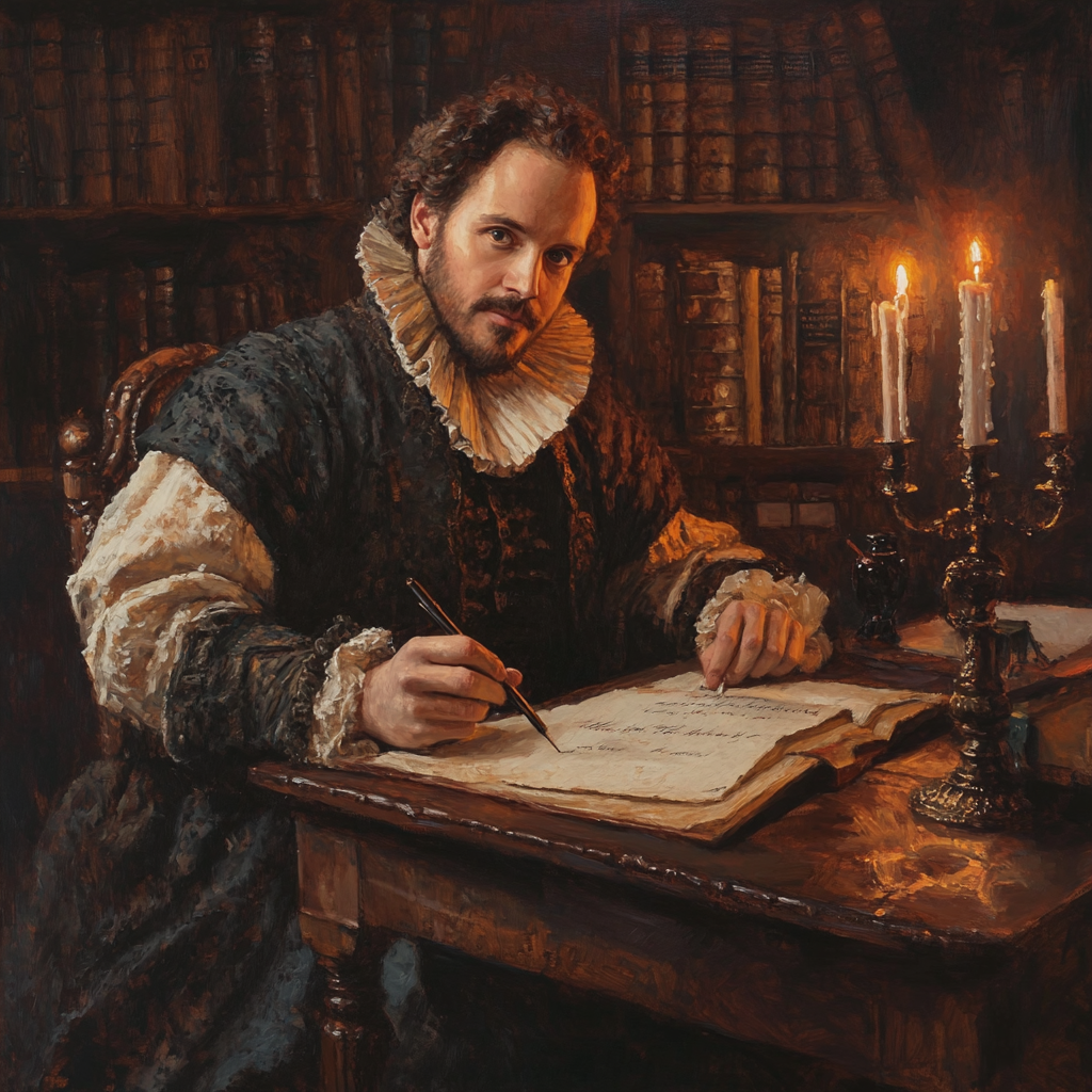 "Shakespeare writing by candlelight"