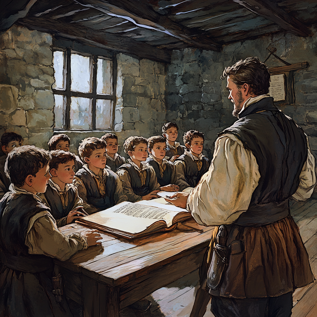 "Medieval classroom with teacher."