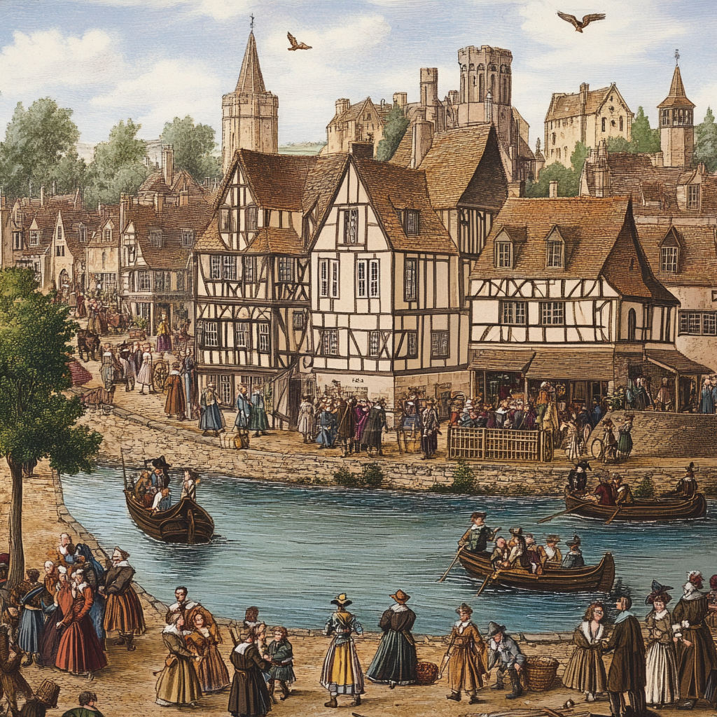 "Medieval riverside town marketplace."