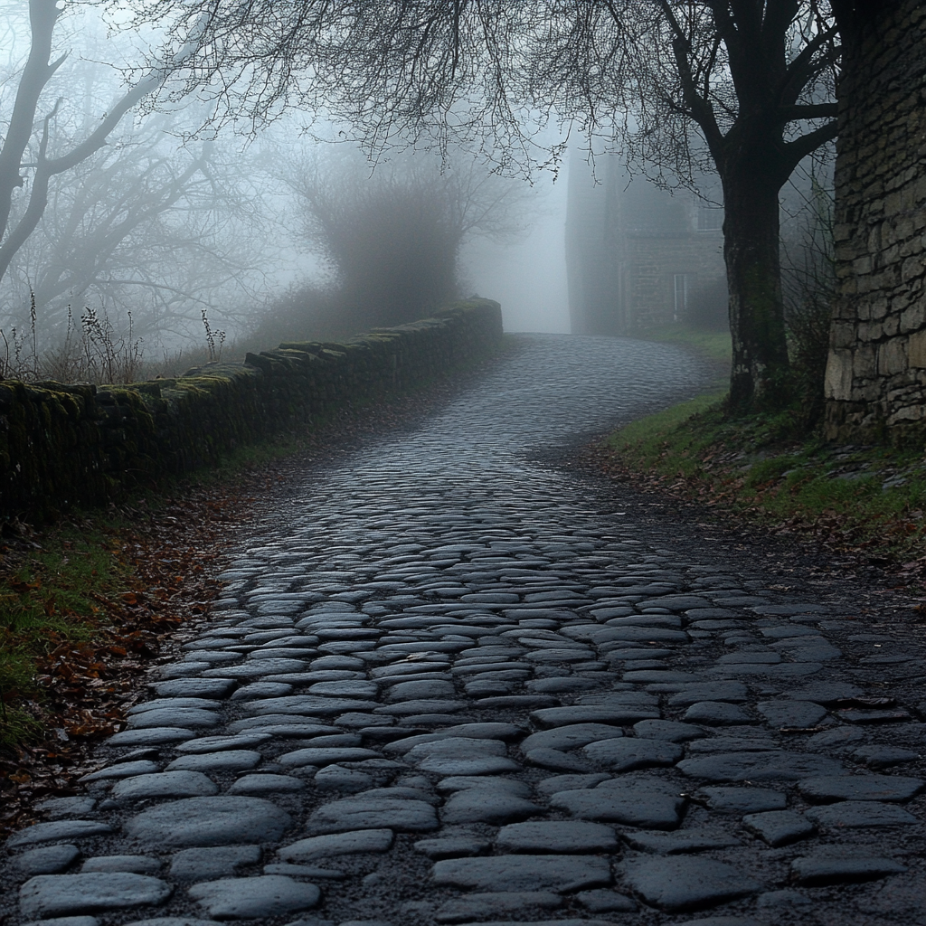 "Misty cobblestone village path"