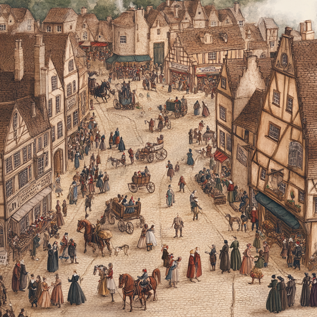 "Busy medieval marketplace scene"