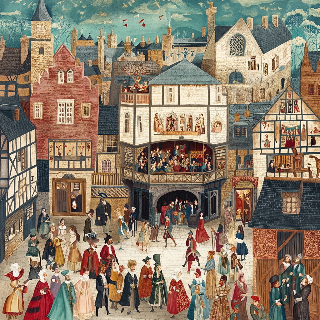 "Medieval town lively gathering."