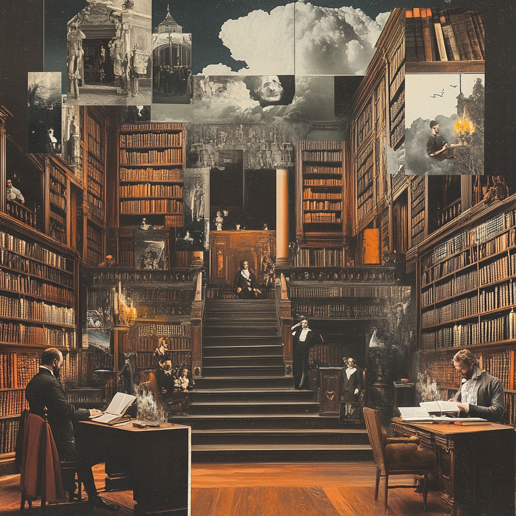 "Surreal vintage library collage"