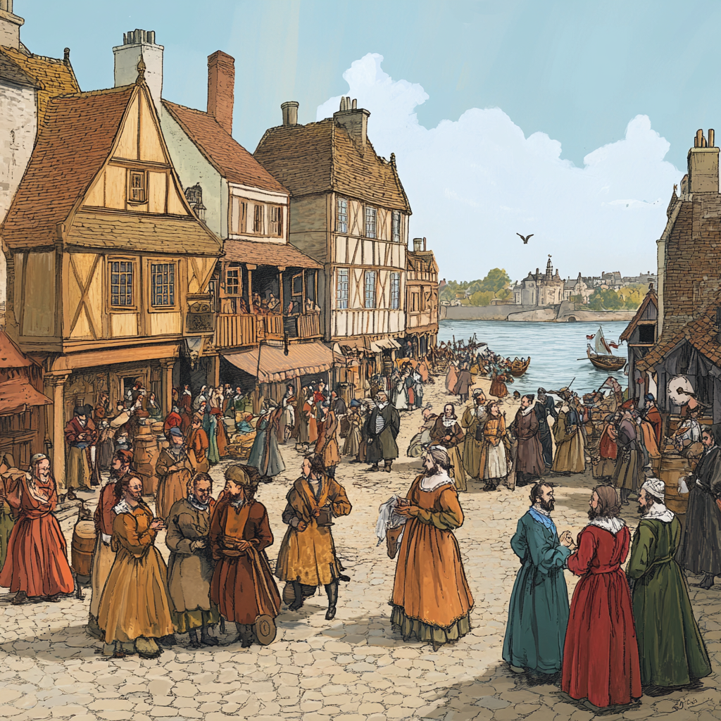 "Busy medieval riverside marketplace"