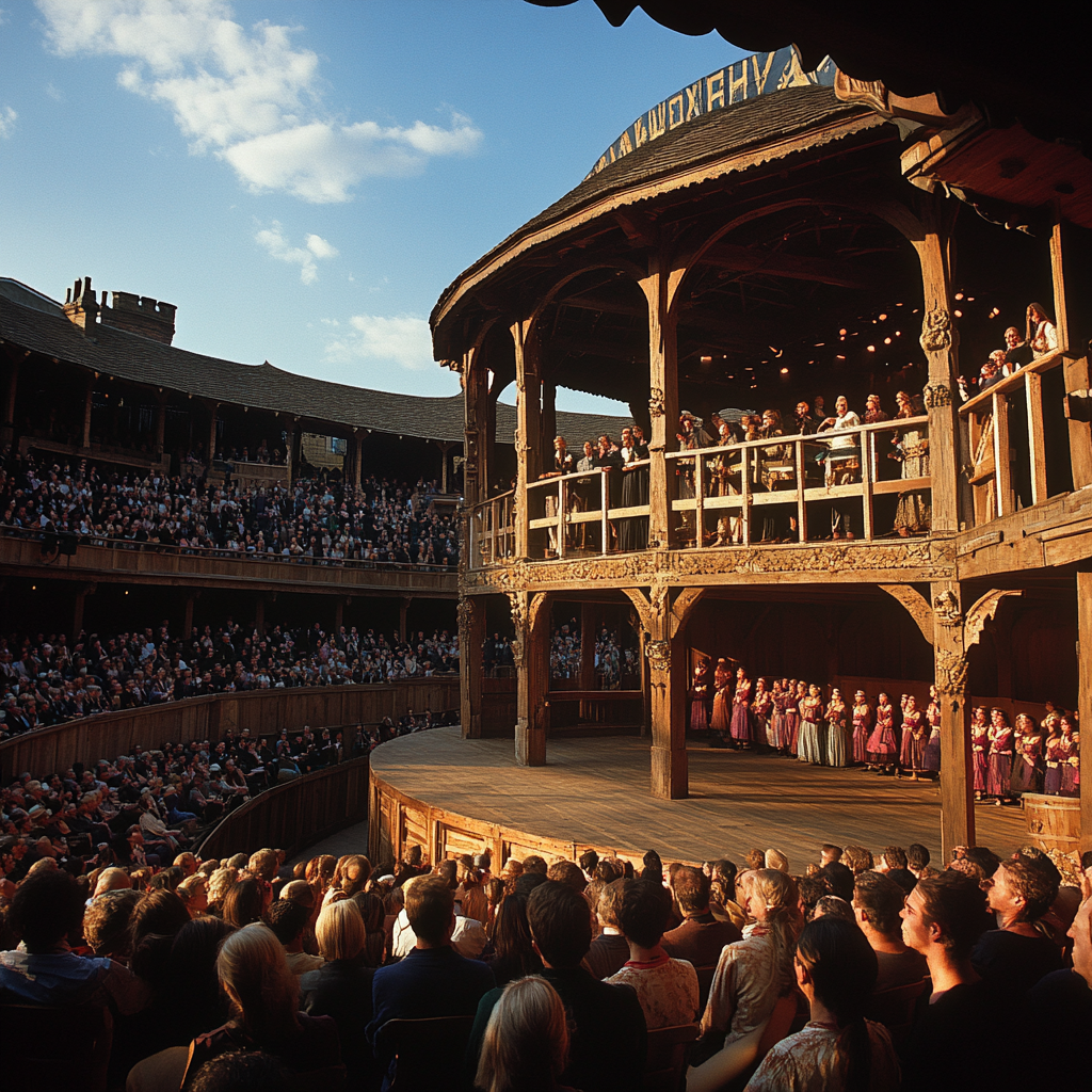 "Shakespearean theater performance crowd"