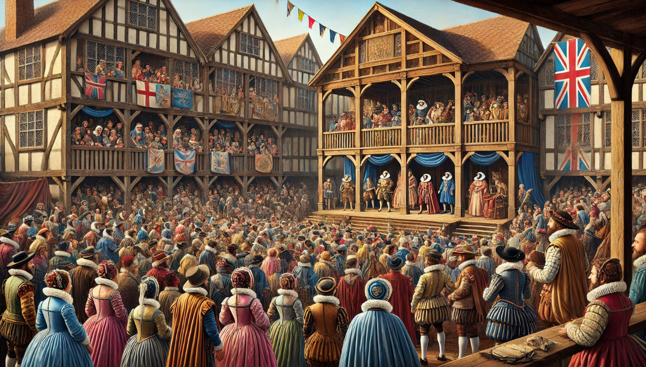 "Historic Shakespearean theatre performance." 