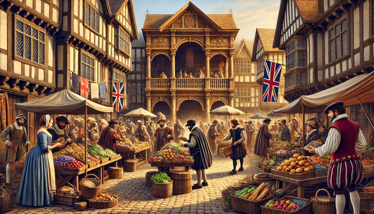 "Bustling medieval market scene"