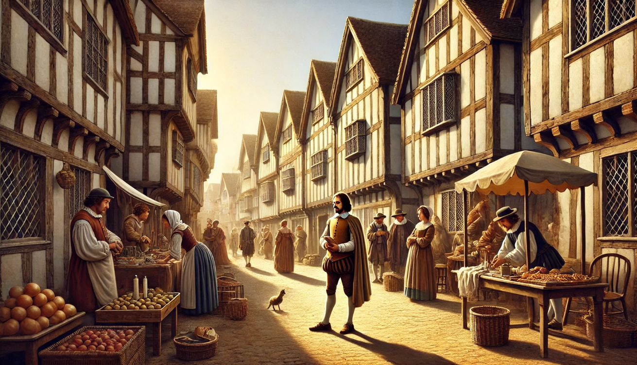 "Medieval market street scene"