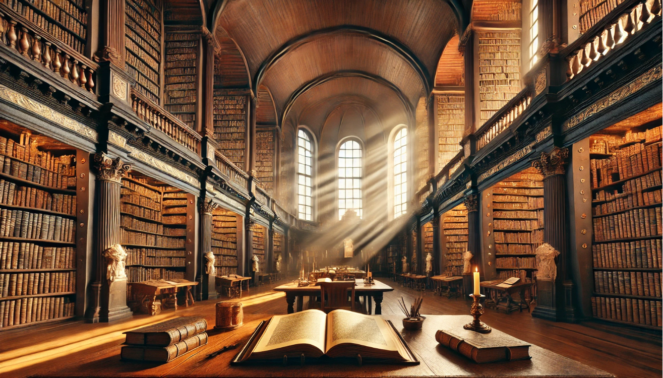 Grand library with sunlight