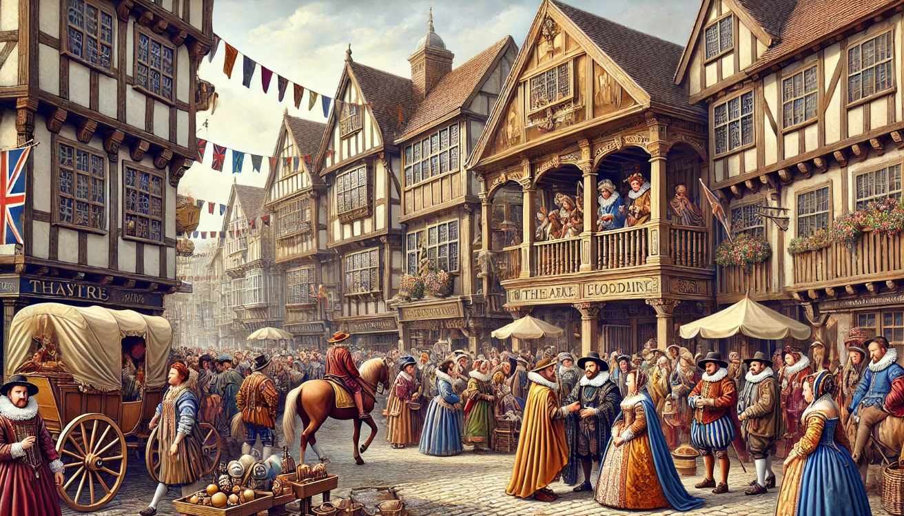 "Elizabethan street festival scene"