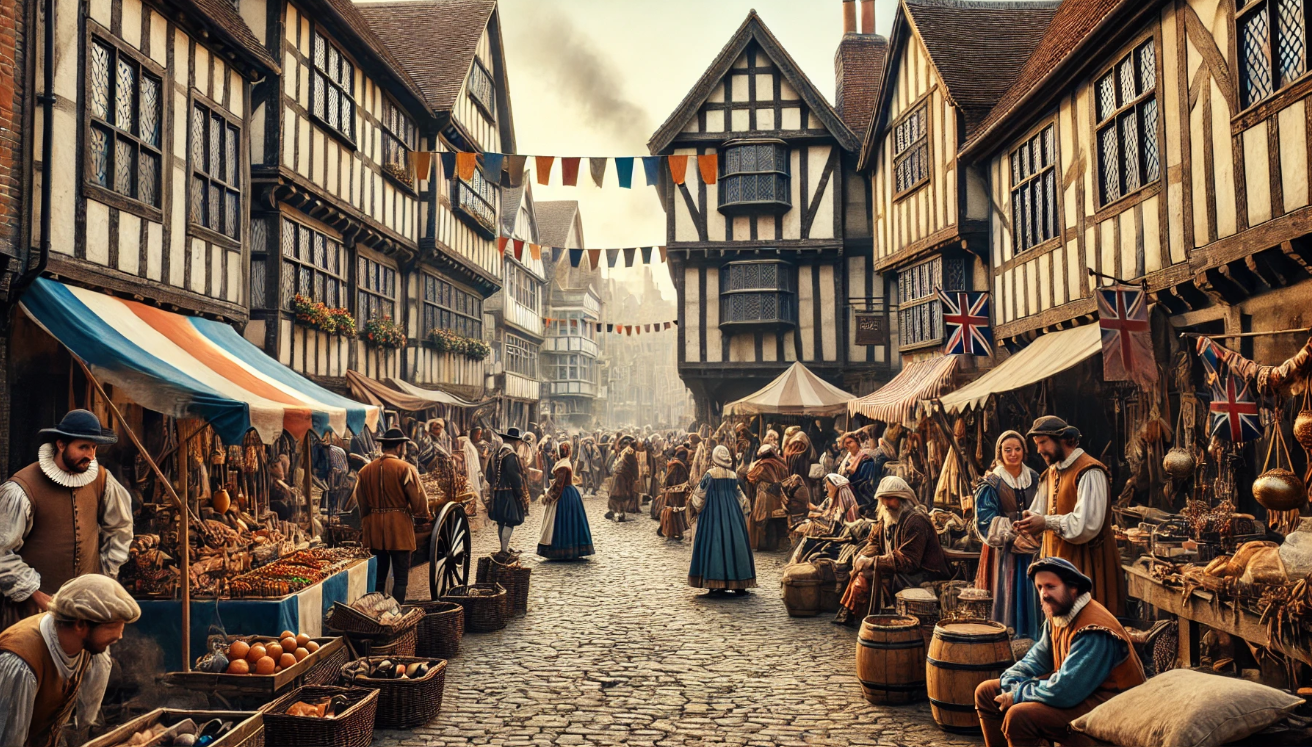 Bustling Elizabethan market scene