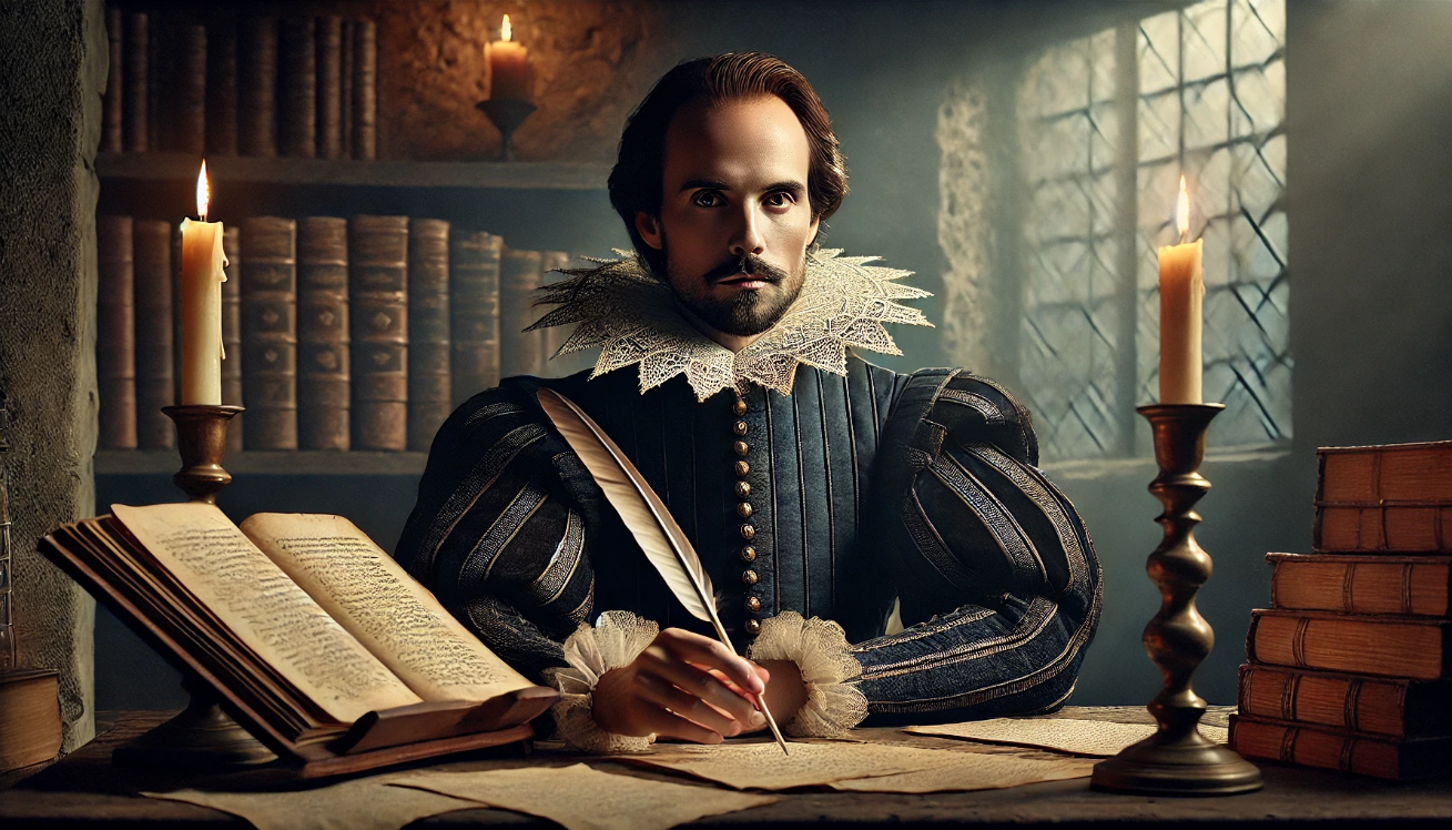 "Shakespeare writing by candlelight." 