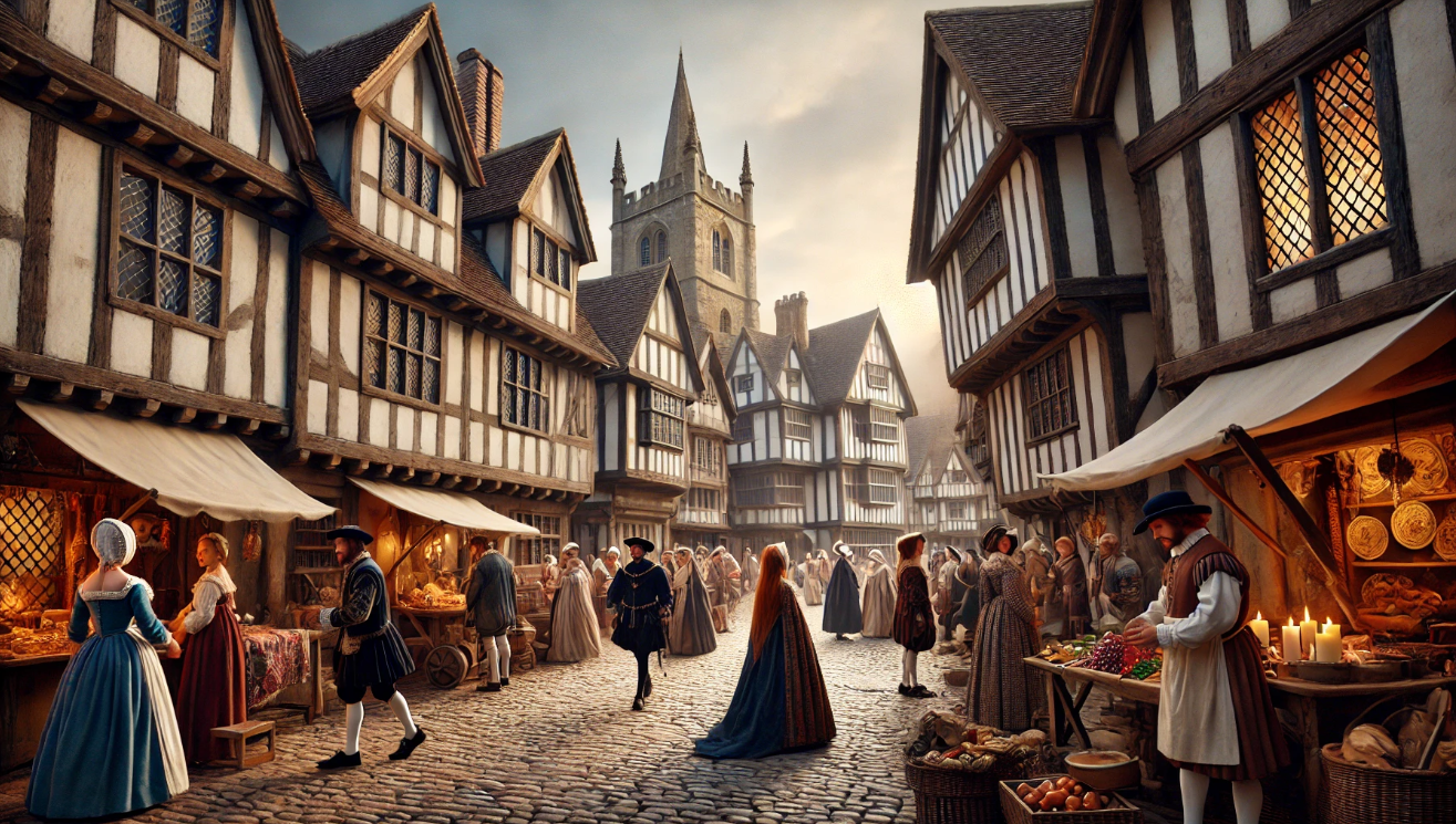 "Bustling medieval market street"