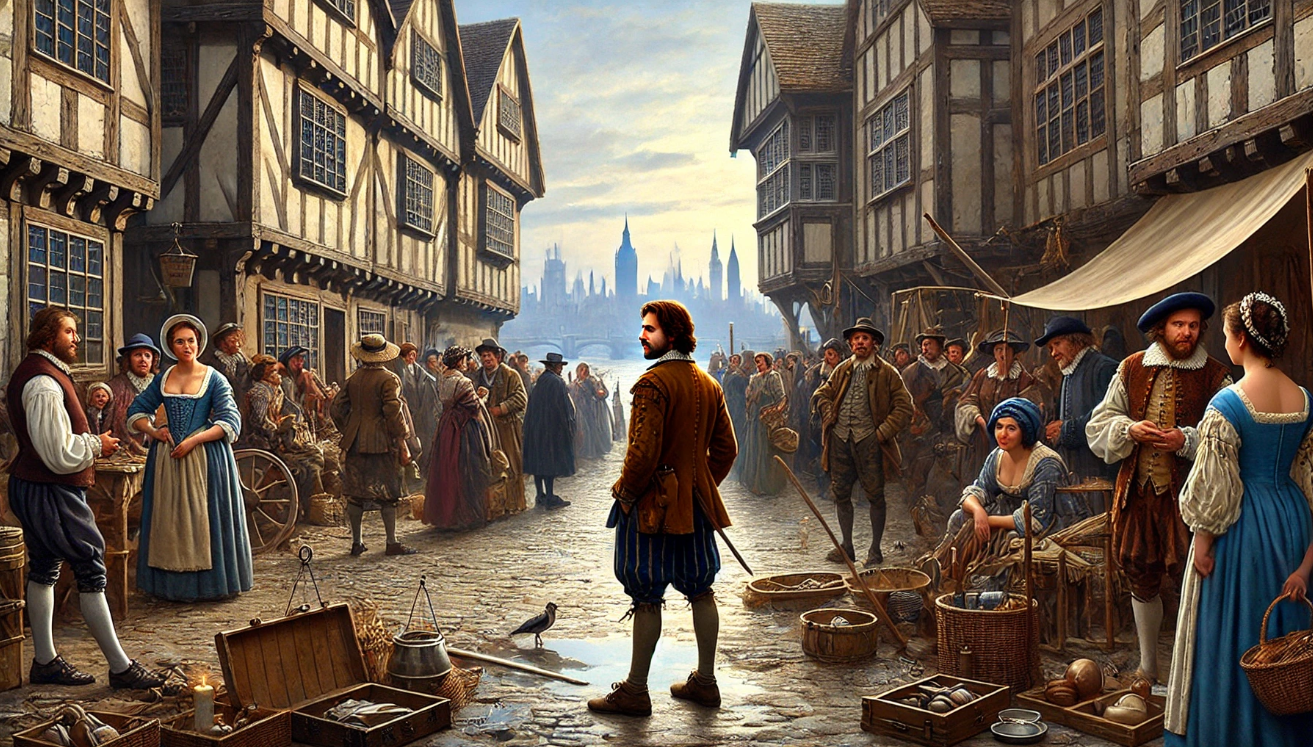 "Busy medieval market street"