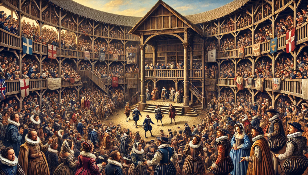 Elizabethan theatre crowd scene. 