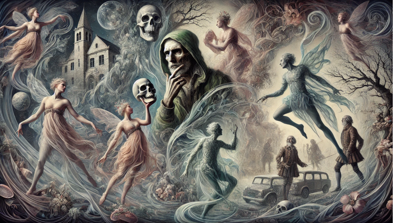 "Fantasy spirits haunting landscape."