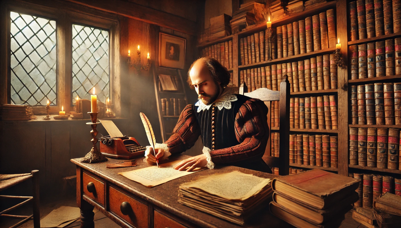 "Scholar writing in library"