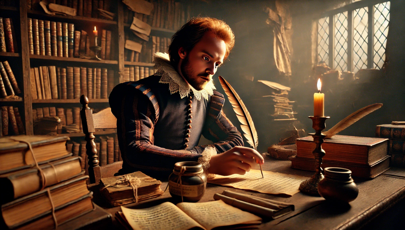 Renaissance writer with quill. 