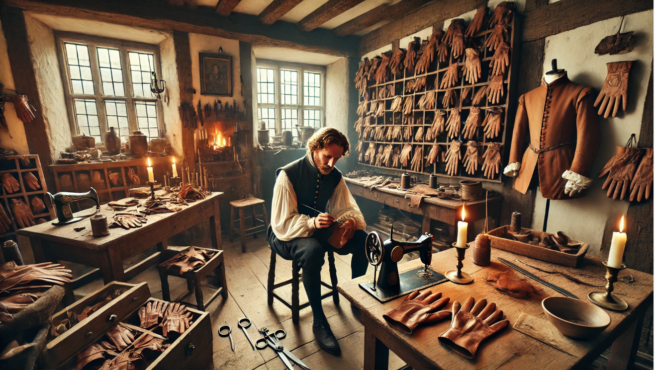 "Glovemaker working in workshop"