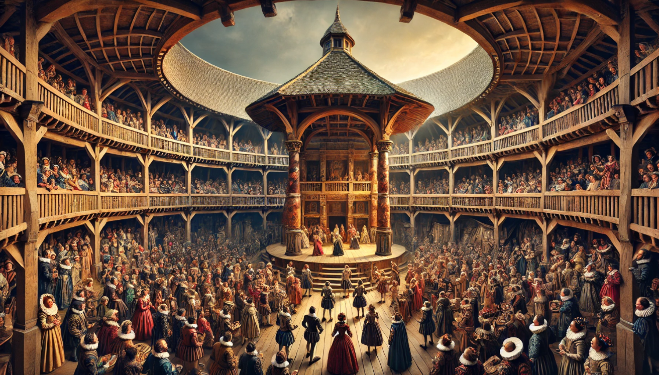 "Crowded Elizabethan theater performance"