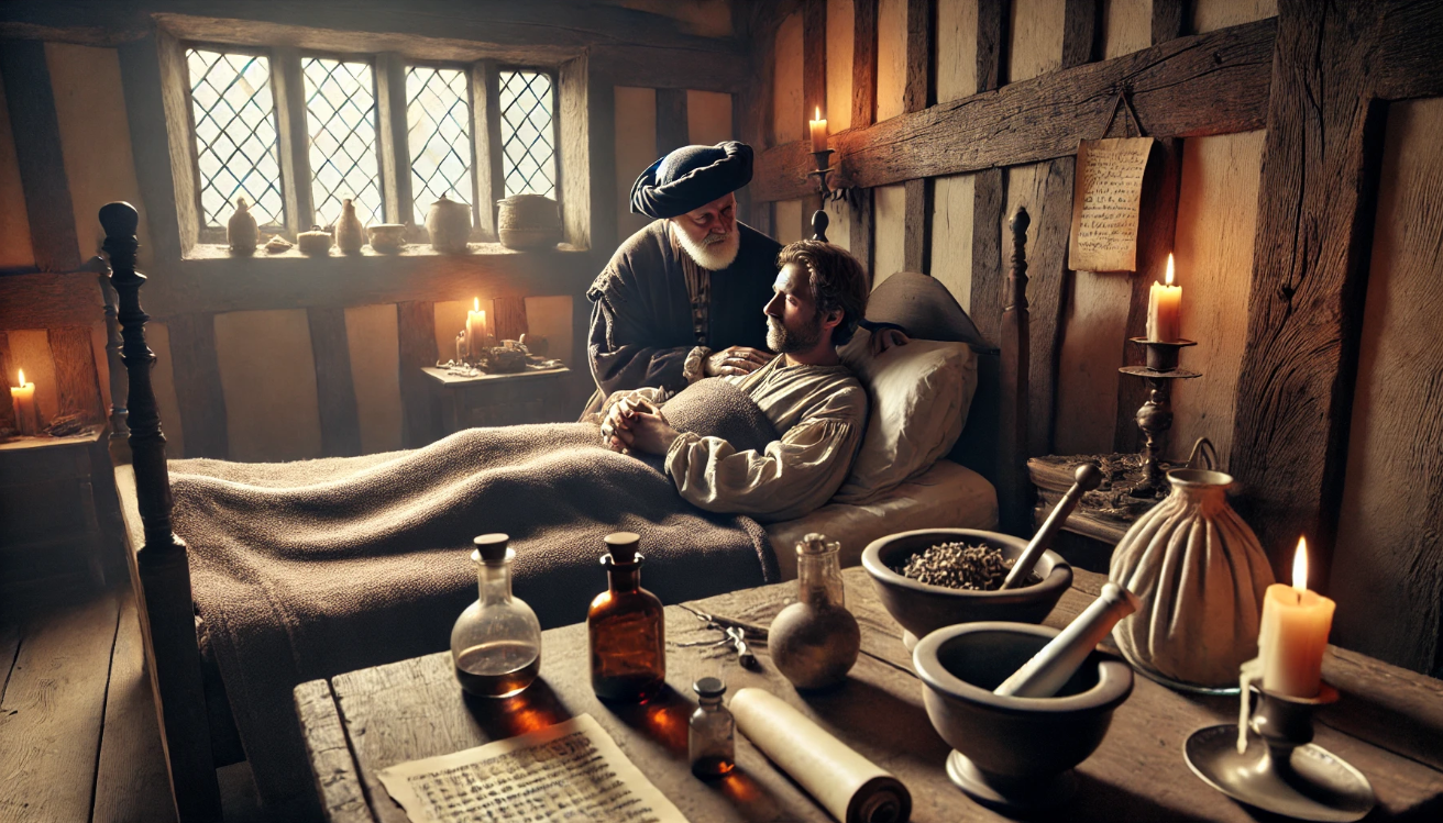 "Medieval patient receiving care"