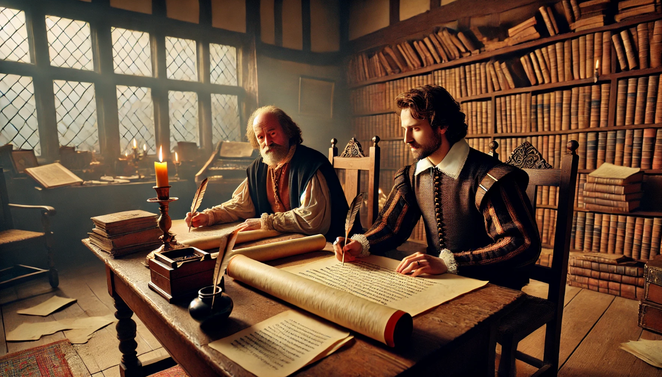 "Scholars writing in library"