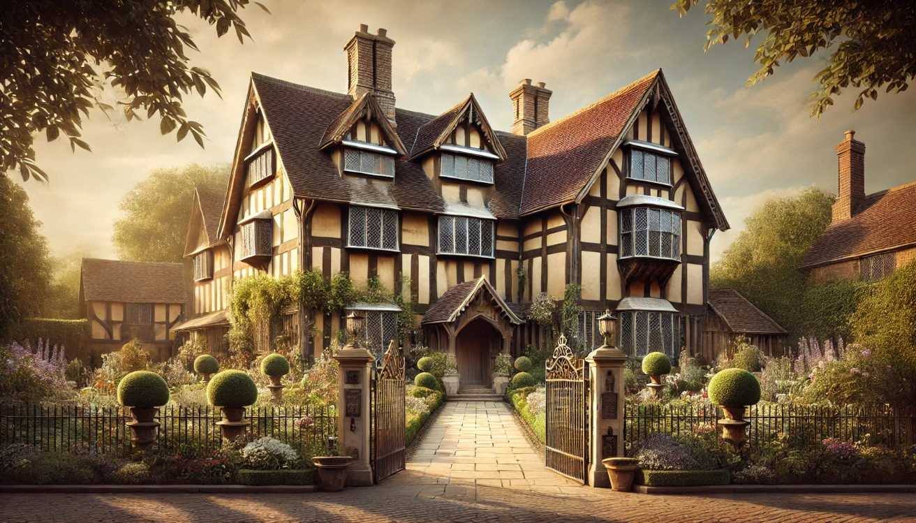 "Tudor mansion with gardens"