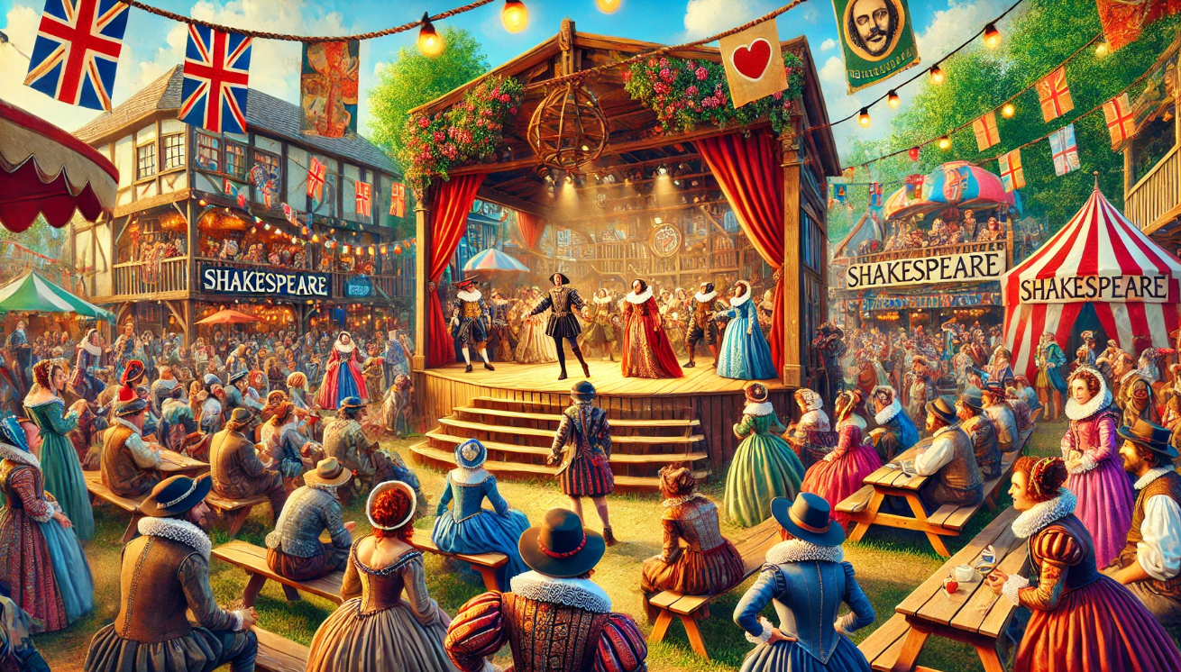 "Colorful Shakespeare festival performance."


