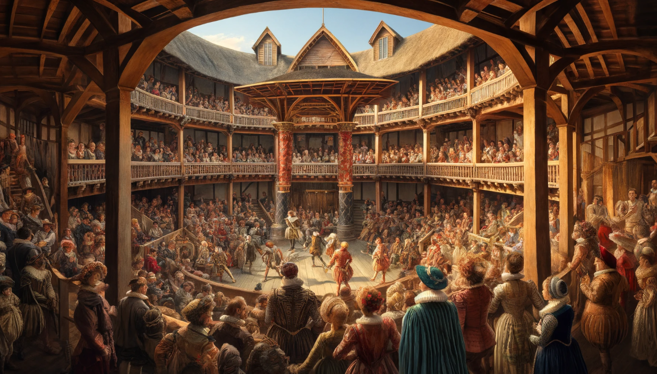 "Elizabethan theater performance crowd"