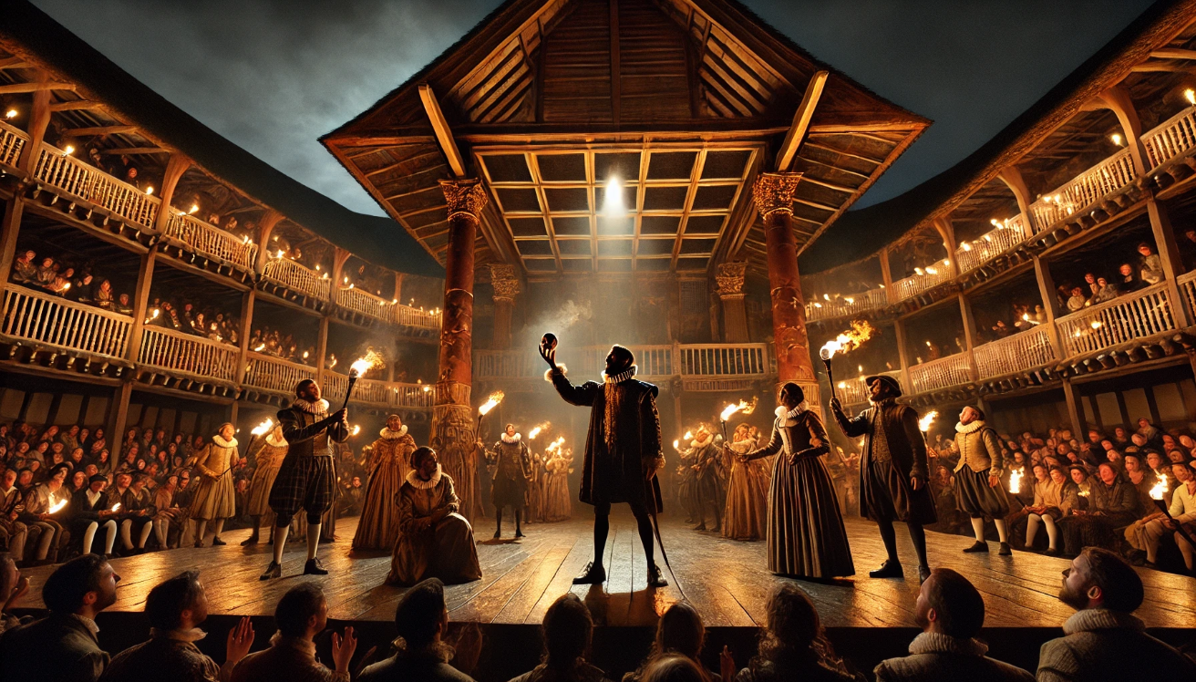 "Shakespearean play on stage." 