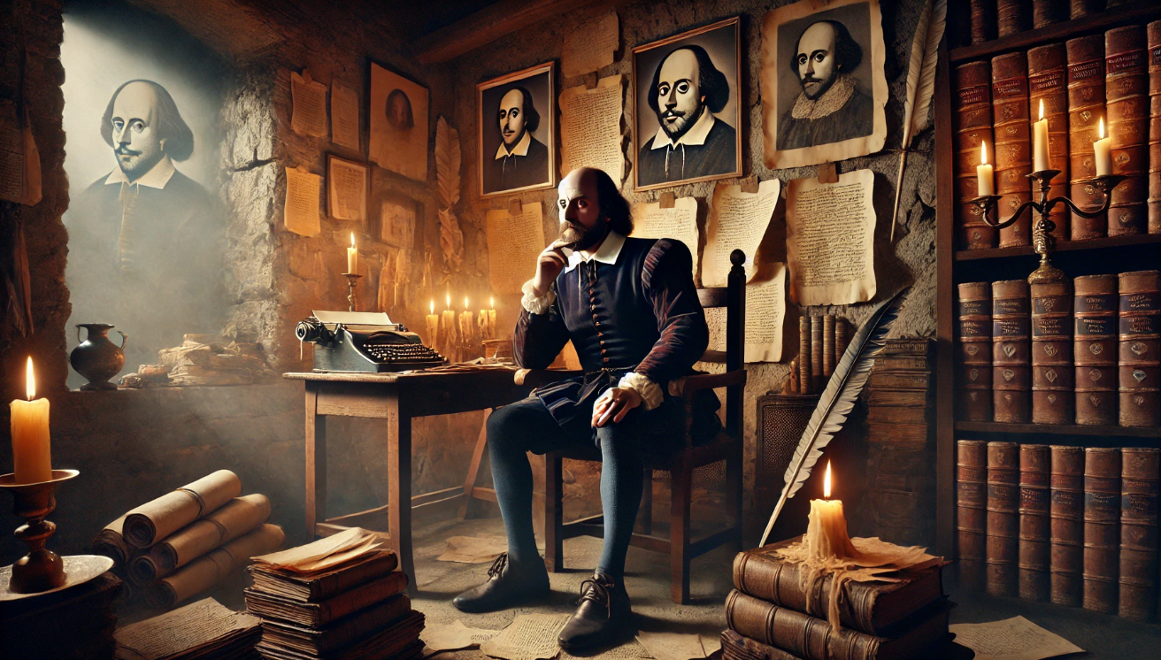 "Scholar in candlelit study"