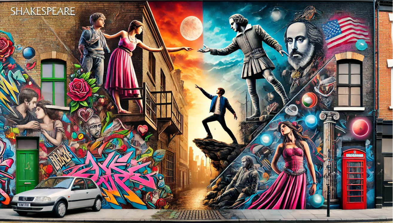 "Shakespeare street art mural." 