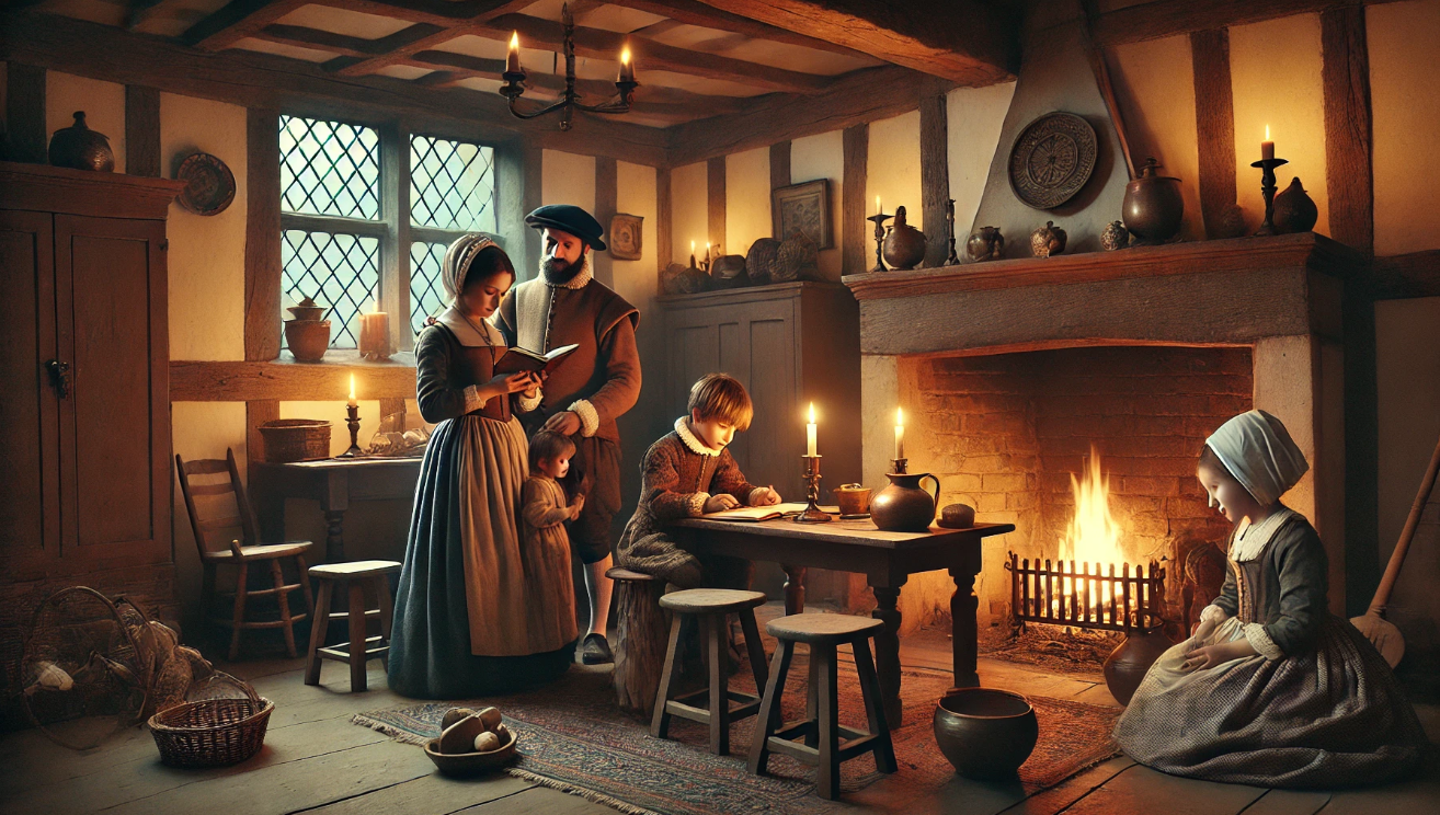 "Family by fireplace, reading"