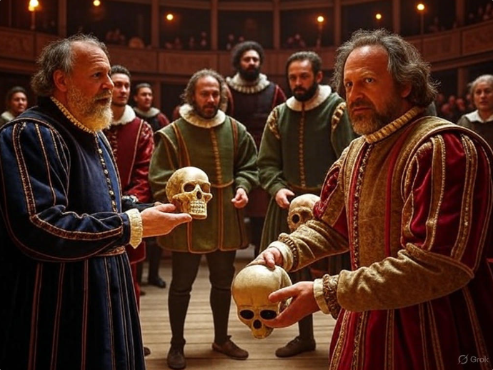 Actors exchanging skulls onstage