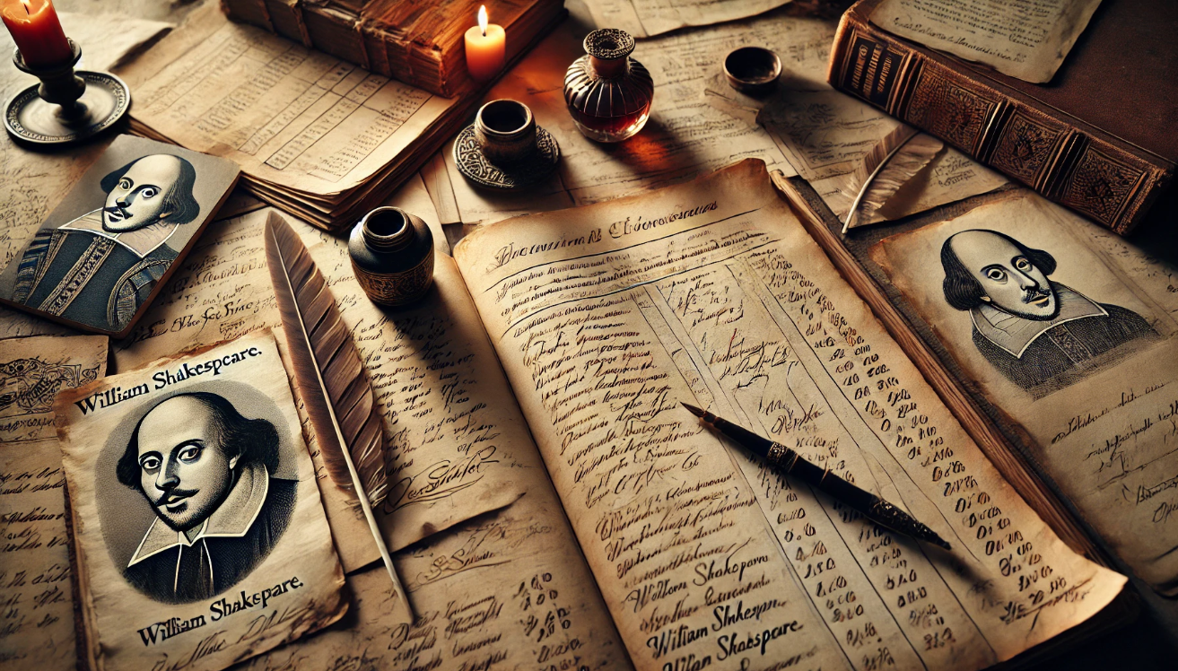 Vintage Shakespeare manuscripts table