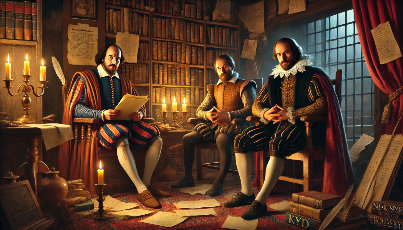 "Scholars discussing in library"