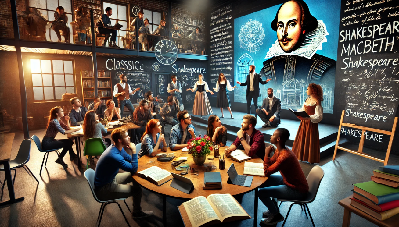 "Shakespeare classroom learning scene." 