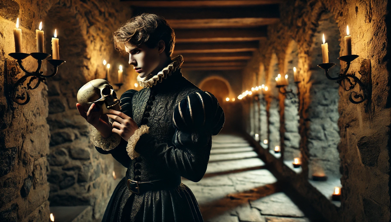 "Figure holding skull, candlelit"
