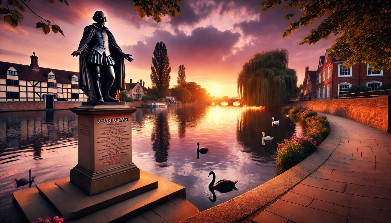 Shakespeare statue riverside sunset